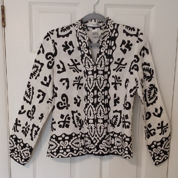 Tops - Richard Malcolm Sz 10P, Elegant Black and White, Linen Patterned Blouse/jacket